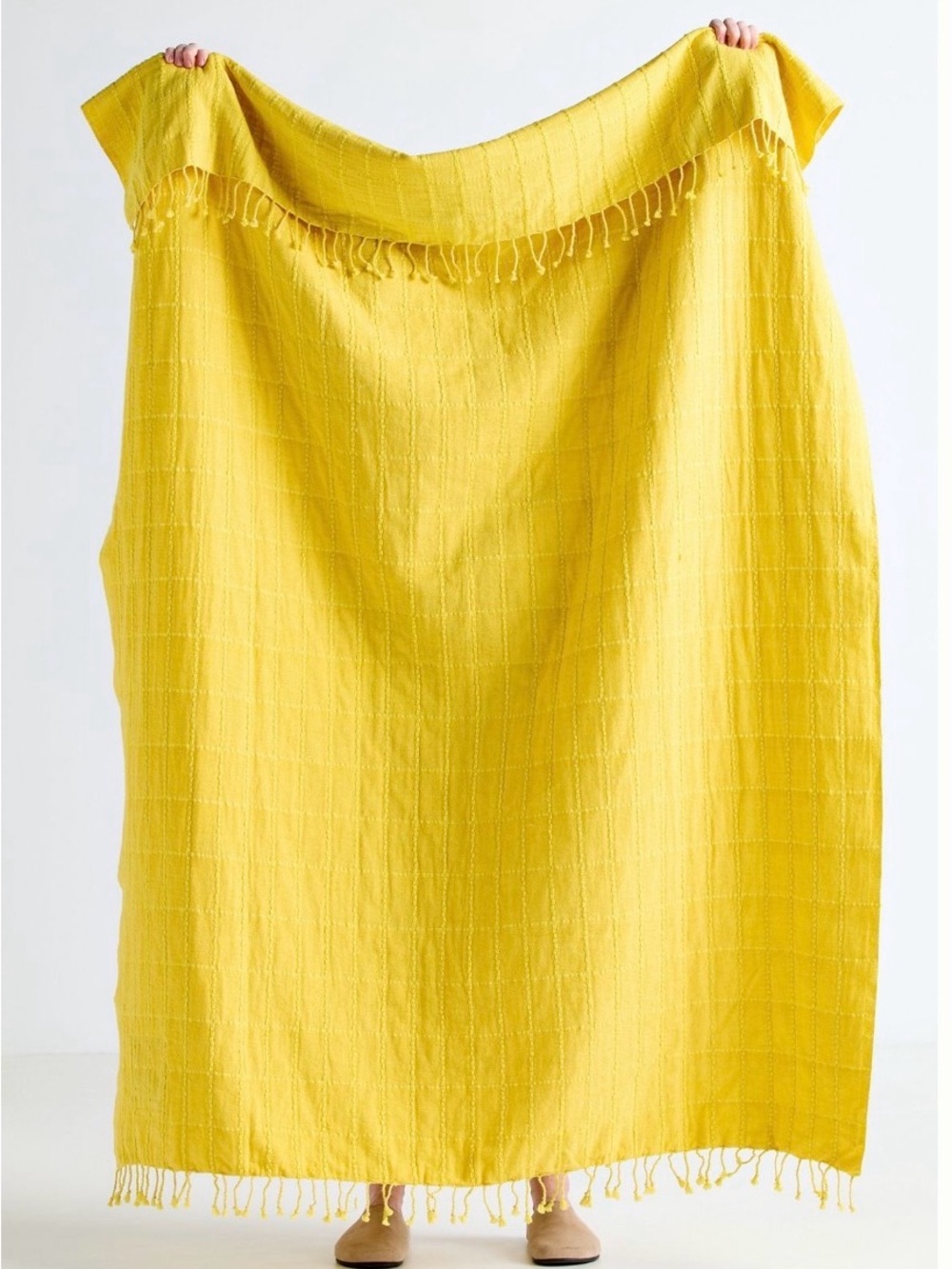 Anthropologie Bright Yellow Fringed Throw Blanket